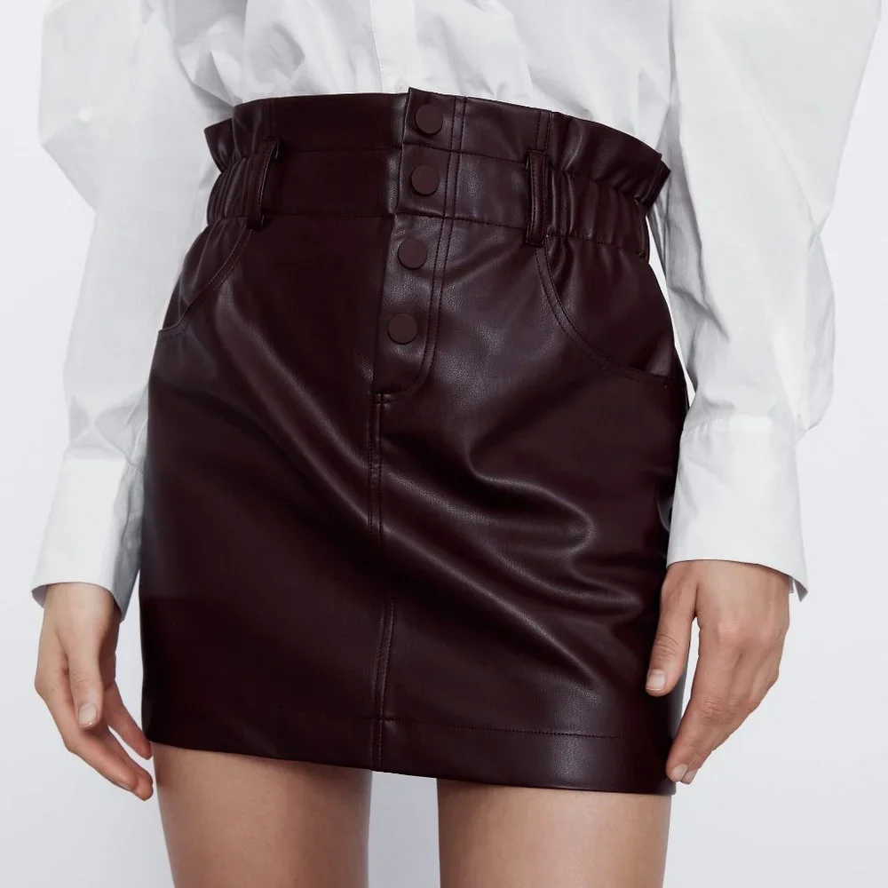 NEW Zara High Waist Paperbag Button Front Faux Leather Mini Skirt Burgundy Plum - Picture 4 of 9